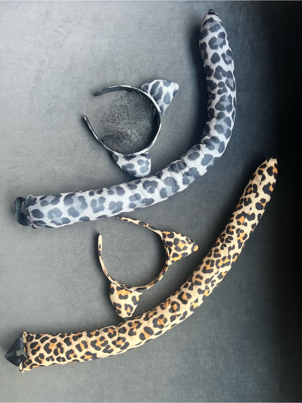 Leopard Print Cat Ear Headband and Tail Set - Gray & Brown + One-piece Leopard